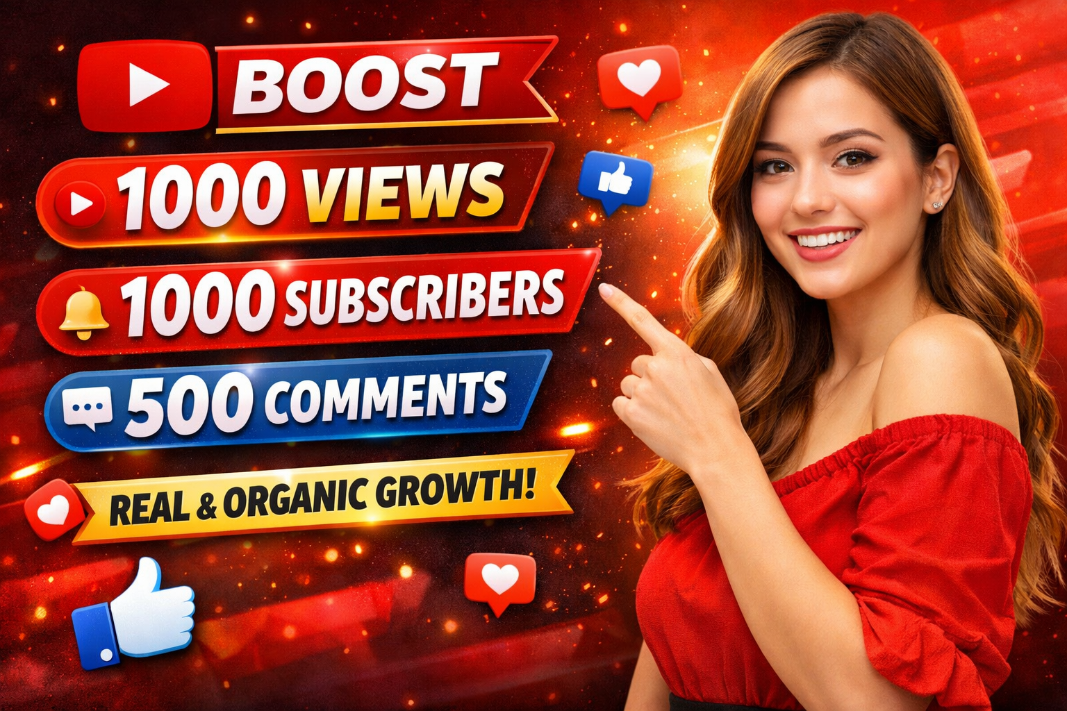 1000 YouTube Views + 1000 Subscribers + 500 Comments | Real & Organic Growth | Safe Delivery