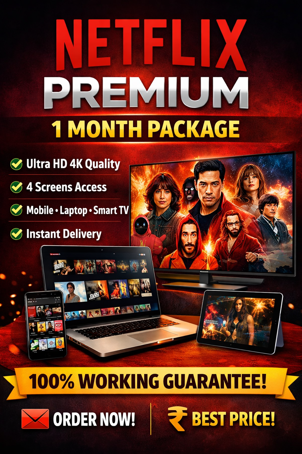 1 Month Netflix Premium Account – Ultra HD | 4 Screens | Warranty