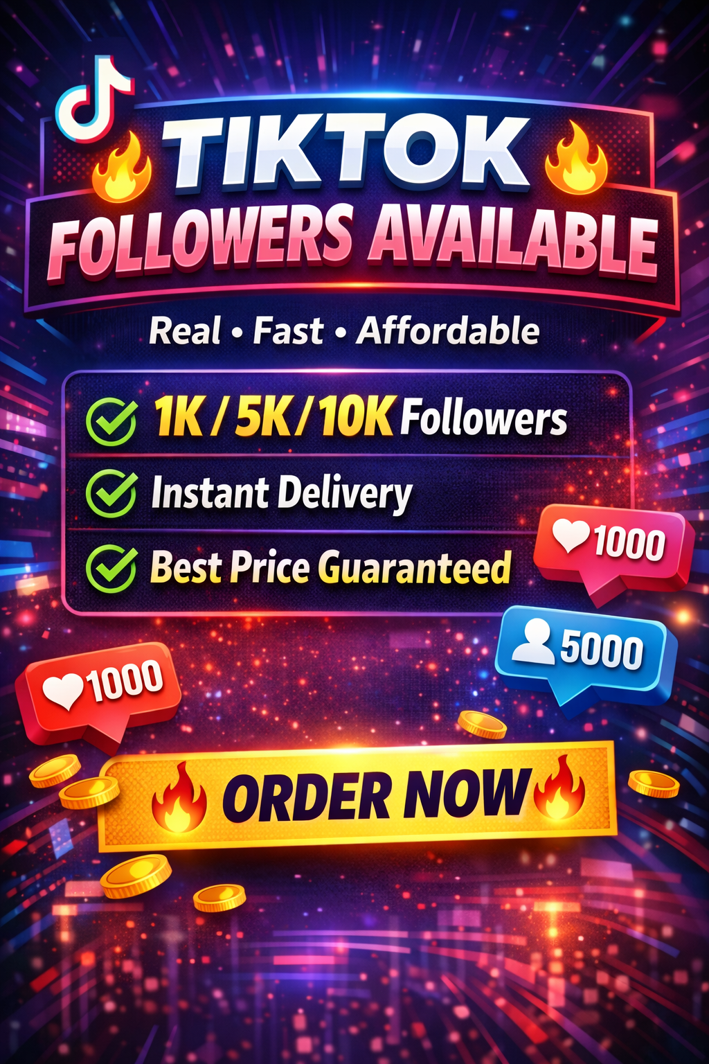 1000 Real TikTok followers with non drop guarantee 